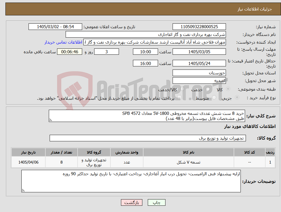 تصویر کوچک آگهی نیاز کالا-خرید 8 ست شش عددی تسمه مخروطی 5V-1800 معادل SPB 4572 طبق مشخصات فایل پیوست(برابر با 48 عدد)