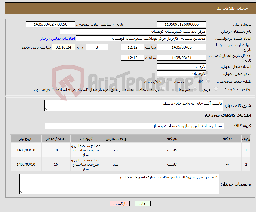 تصویر کوچک آگهی نیاز کالا-کابینت آشپزخانه دو واحد خانه پزشک