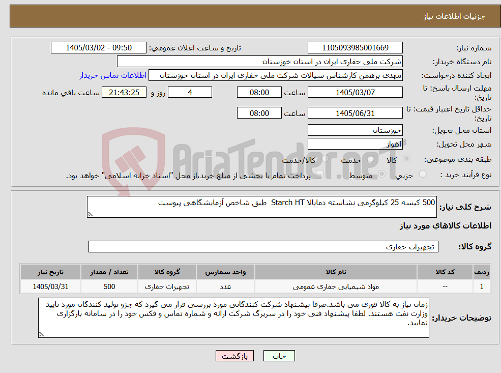 تصویر کوچک آگهی نیاز کالا-500 کیسه 25 کیلوگرمی نشاسته دمابالا Starch HT طبق شاخص آزمایشگاهی پیوست