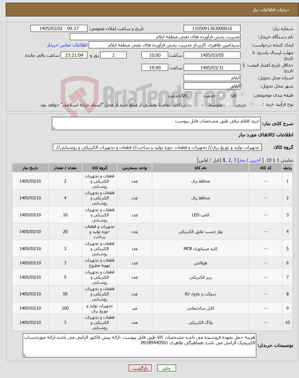 تصویر کوچک آگهی نیاز کالا-خرید اقلام برقی طبق مشخصات فایل پیوست