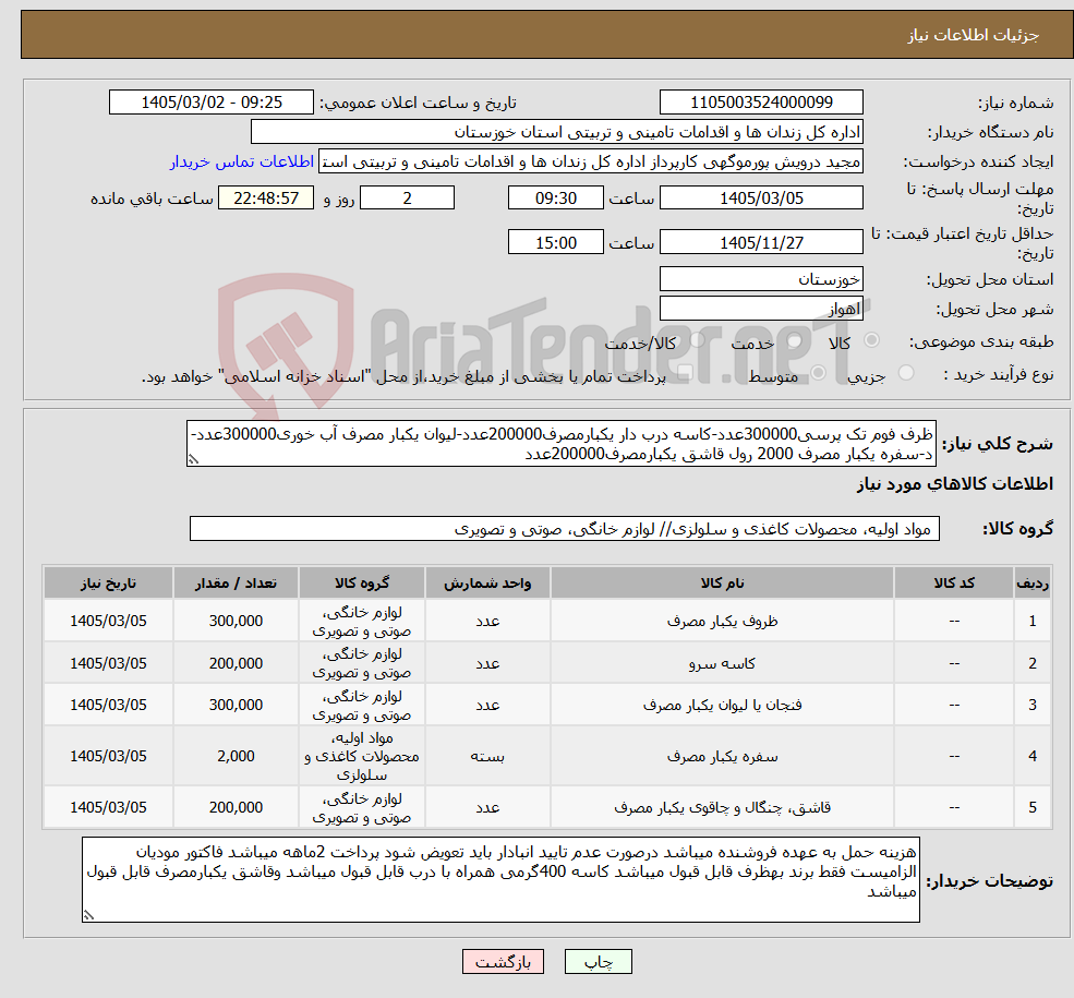 تصویر کوچک آگهی نیاز کالا-ظرف فوم تک پرسی300000عدد-کاسه درب دار یکبارمصرف200000عدد-لیوان یکبار مصرف آب خوری300000عدد-د-سفره یکبار مصرف 2000 رول قاشق یکبارمصرف200000عدد