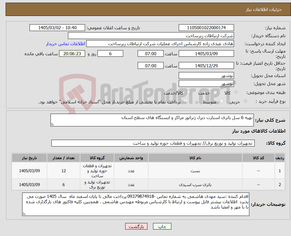 تصویر کوچک آگهی نیاز کالا-تهیه 6 سل باتری استارت دیزل ژنراتور مراکز و ایستگاه های سطح استان