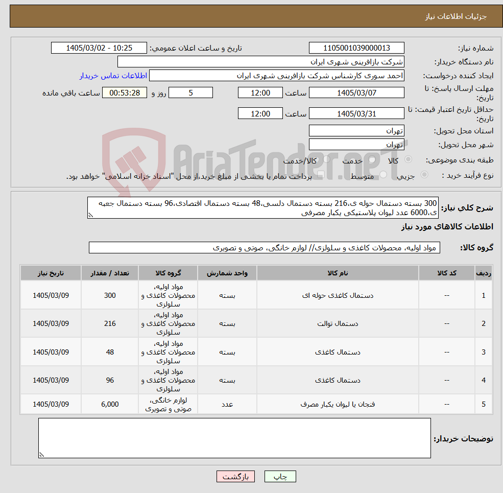 تصویر کوچک آگهی نیاز کالا-300 بسته دستمال حوله ی،216 بسته دستمال دلسی،48 بسته دستمال اقتصادی،96 بسته دستمال جعبه ی،6000 عدد لیوان پلاستیکی یکبار مصرفی