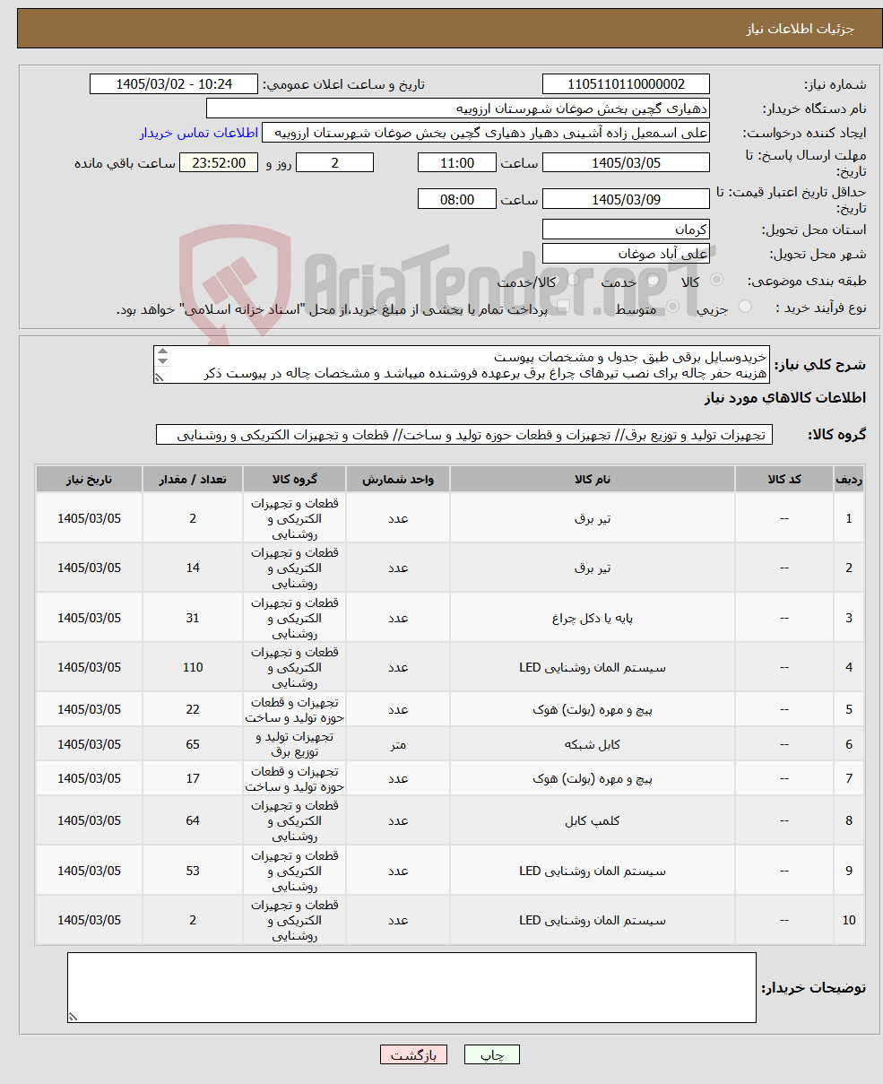 تصویر کوچک آگهی نیاز کالا-خریدوسایل برقی طبق جدول و مشخصات پیوست هزینه حفر چاله برای نصب تیرهای چراغ برق برعهده فروشنده میباشد و مشخصات چاله در پیوست ذکر شده است.