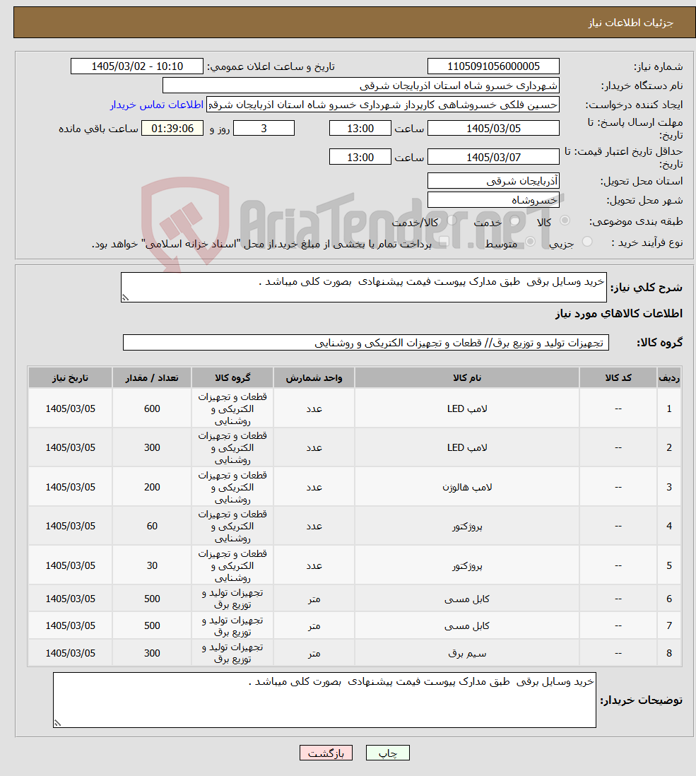 تصویر کوچک آگهی نیاز کالا-خرید وسایل برقی طبق مدارک پیوست فیمت پیشنهادی بصورت کلی میباشد . 