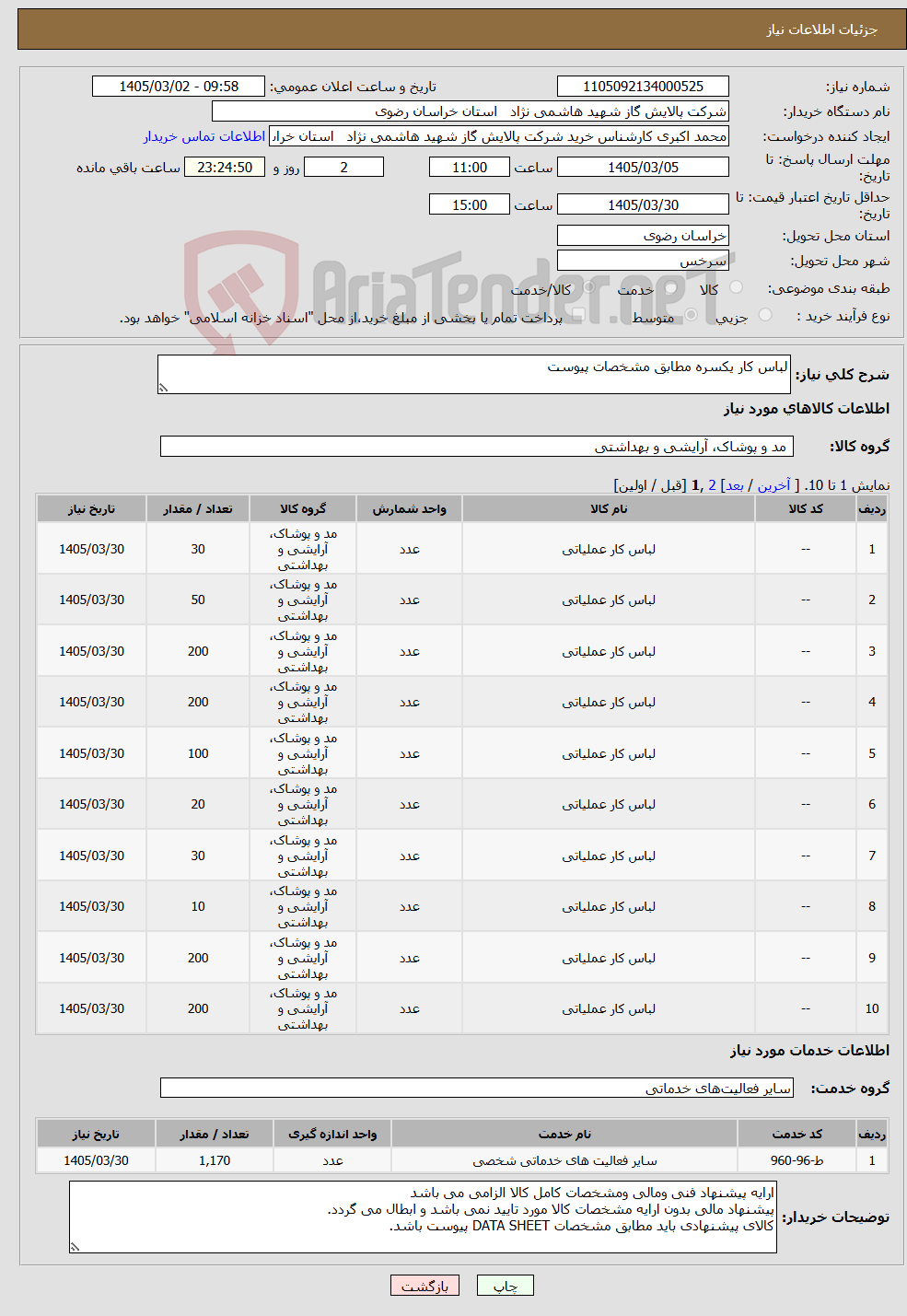 تصویر کوچک آگهی نیاز خدمت/کالا-لباس کار یکسره مطابق مشخصات پیوست 