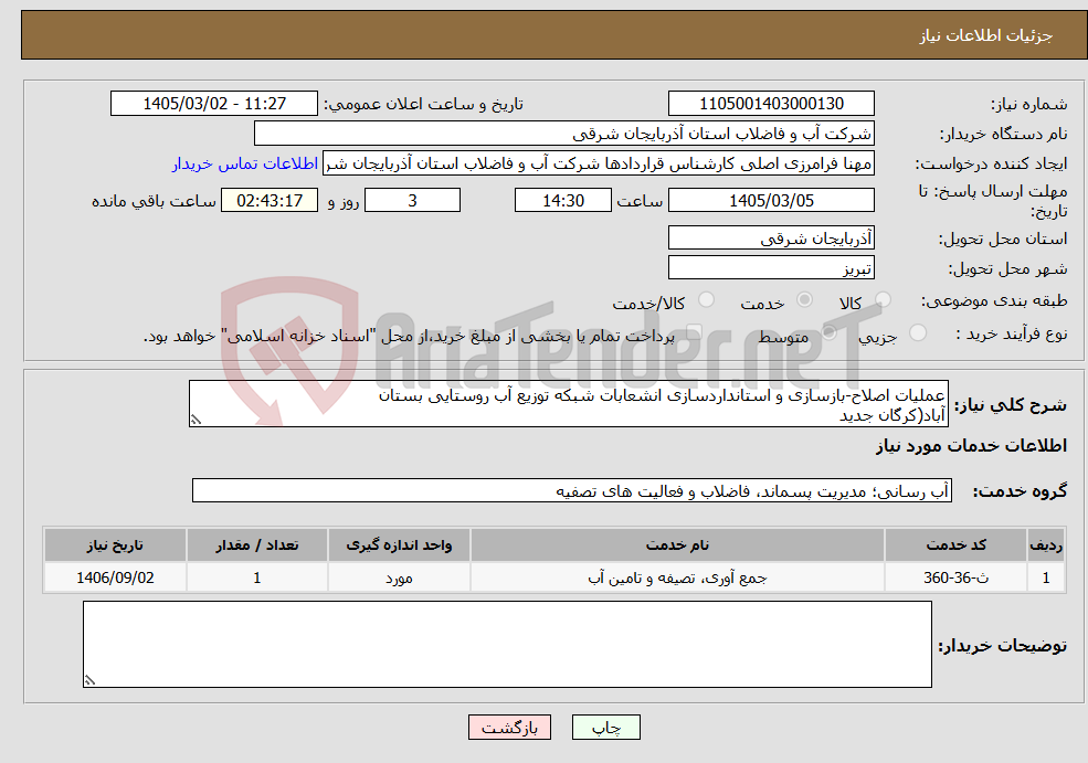 تصویر کوچک آگهی نیاز خدمات-عملیات اصلاح-بازسازی و استانداردسازی انشعابات شبکه توزیع آب روستایی بستان آباد(کرگان جدید