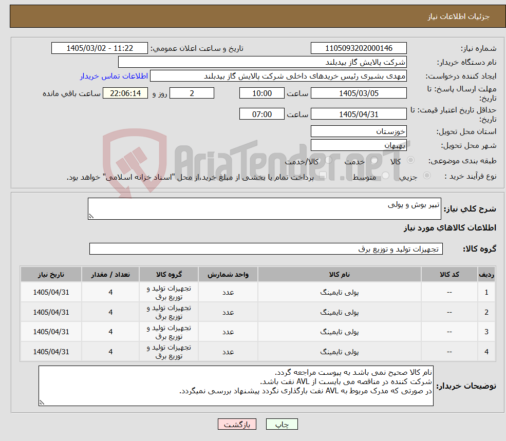 تصویر کوچک آگهی نیاز کالا-تیپر بوش و پولی