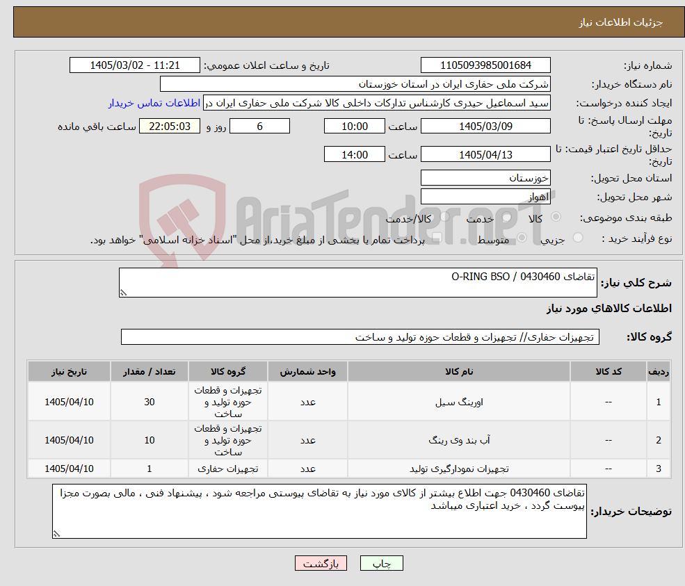 تصویر کوچک آگهی نیاز کالا-تقاضای 0430460 / O-RING BSO
