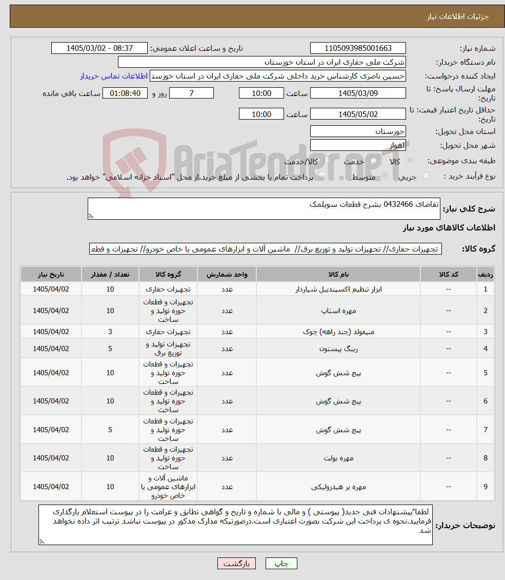 تصویر کوچک آگهی نیاز کالا-تقاضای 0432466 بشرح قطعات سویلمک