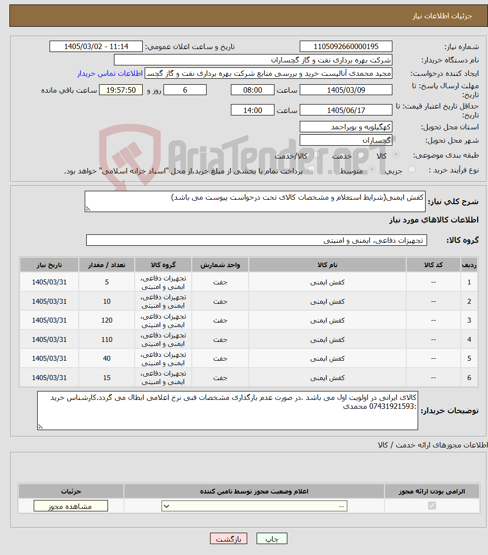 تصویر کوچک آگهی نیاز کالا-کفش ایمنی(شرایط استعلام و مشخصات کالای تحت درخواست پیوست می باشد)
