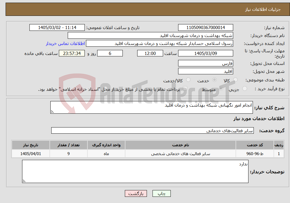تصویر کوچک آگهی نیاز خدمات-انجام امور نگهبانی شبکه بهداشت و درمان اقلید 