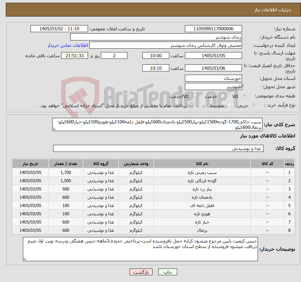 تصویر کوچک آگهی نیاز کالا-سیب خاکی1700-گوجه1500کیلو-پیاز500کیلو-بادمجان600کیلو-فلفل دلمه100کیلو-هویج100کیلو-خیار600کیلو-پرتقال600کیلو