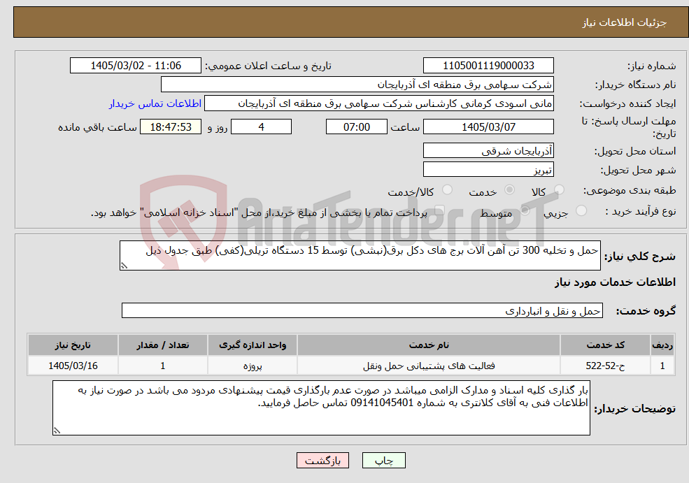 تصویر کوچک آگهی نیاز خدمات-حمل و تخلیه 300 تن آهن آلات برج های دکل برق(نبشی) توسط 15 دستگاه تریلی(کفی) طبق جدول ذیل