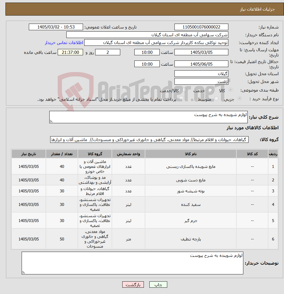 تصویر کوچک آگهی نیاز کالا-لوازم شوینده به شرح پیوست 