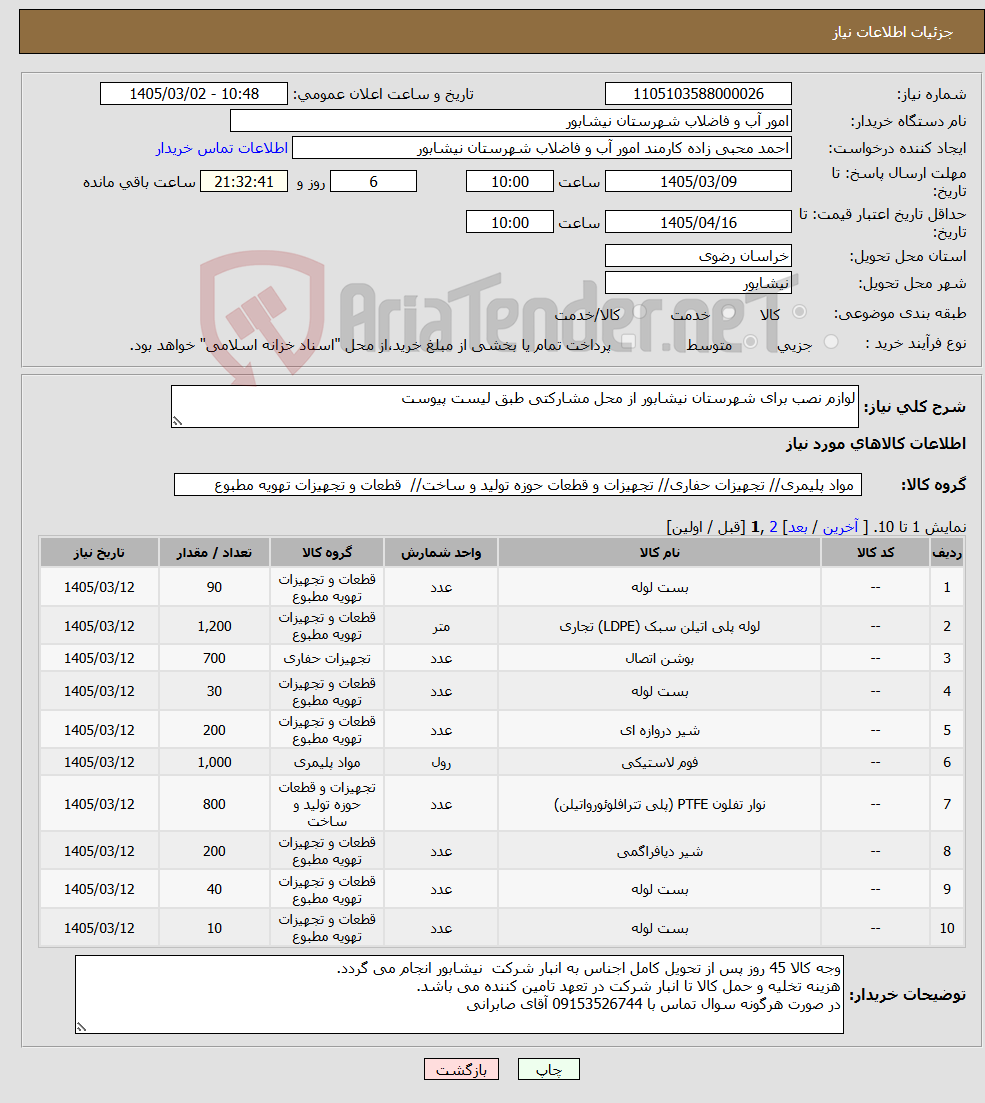 تصویر کوچک آگهی نیاز کالا-لوازم نصب برای شهرستان نیشابور از محل مشارکتی طبق لیست پیوست
