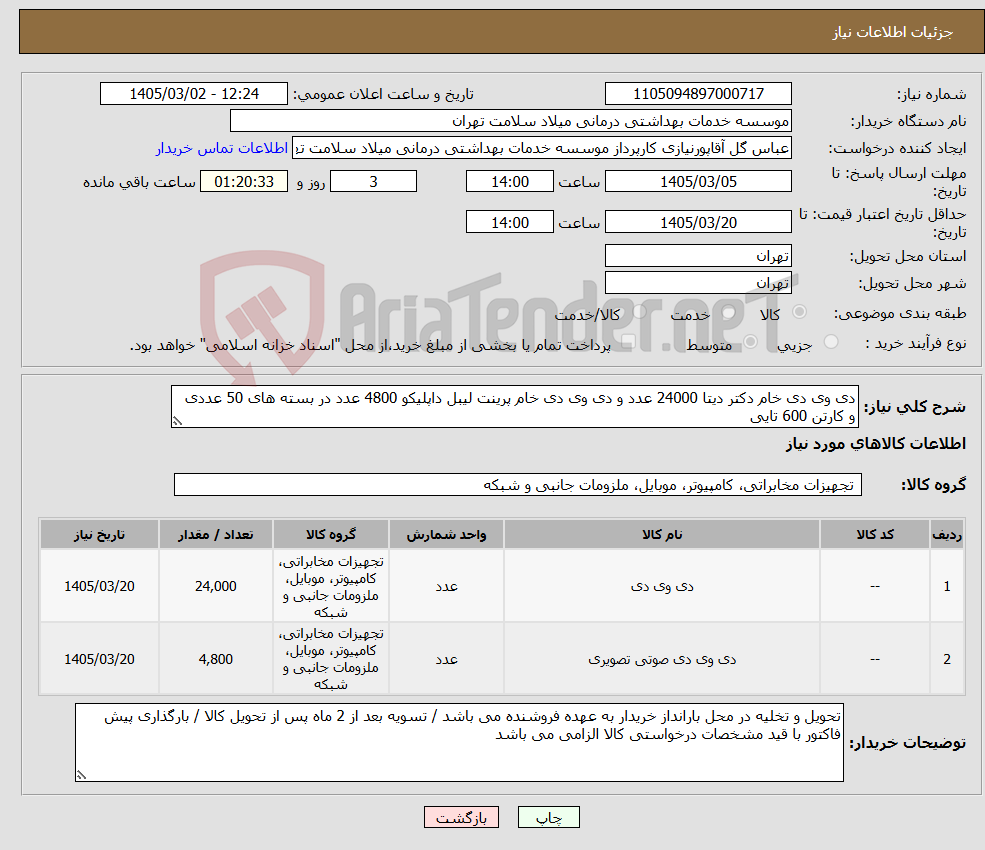تصویر کوچک آگهی نیاز کالا-دی وی دی خام دکتر دیتا 24000 عدد و دی وی دی خام پرینت لیبل داپلیکو 4800 عدد در بسته های 50 عددی و کارتن 600 تایی