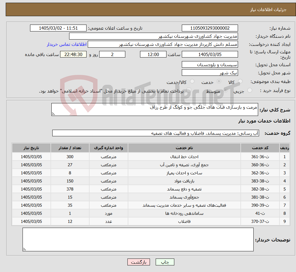 تصویر کوچک آگهی نیاز خدمات-مرمت و بازسازی قنات های جلگی جو و کولگ از طرح رزاق