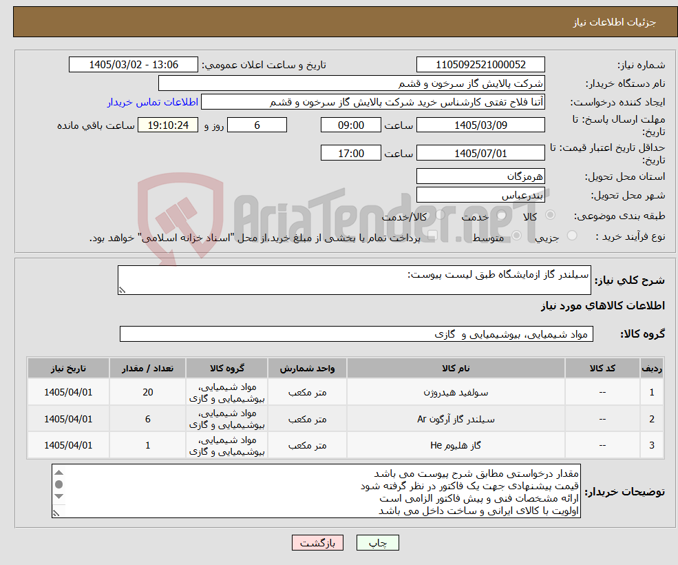 تصویر کوچک آگهی نیاز کالا-سیلندر گاز ازمایشگاه طبق لیست پیوست:
