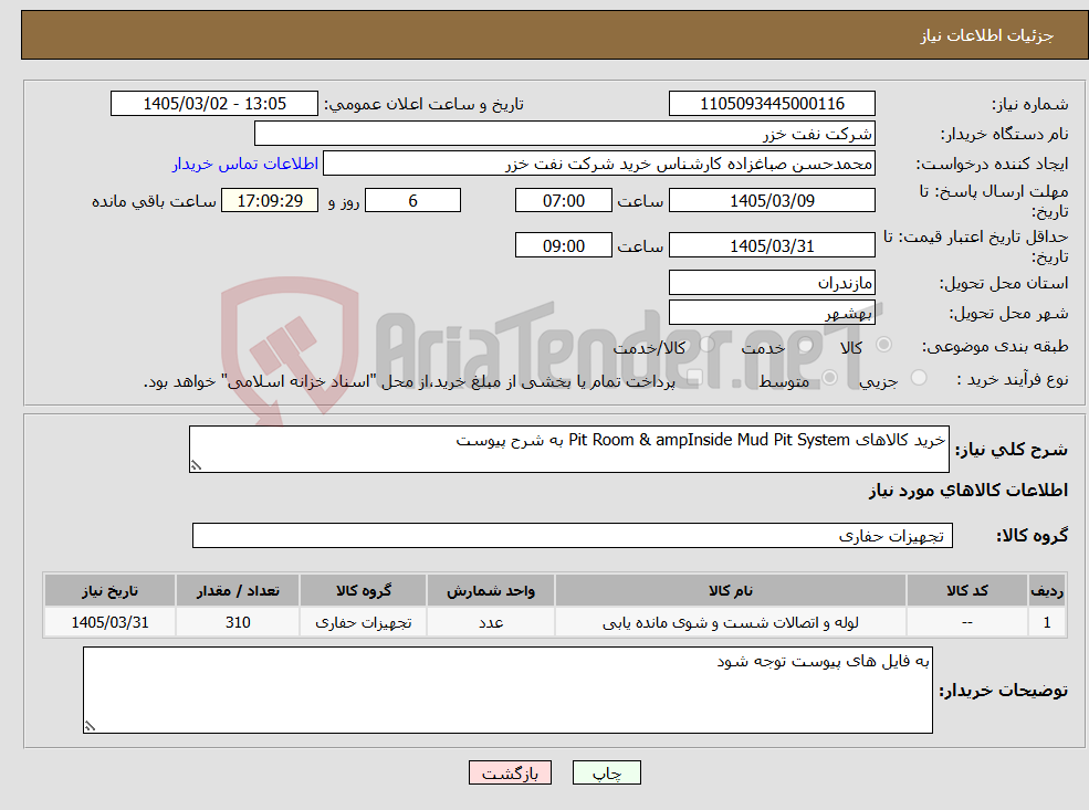 تصویر کوچک آگهی نیاز کالا-خرید کالاهای Pit Room & ampInside Mud Pit System به شرح پیوست