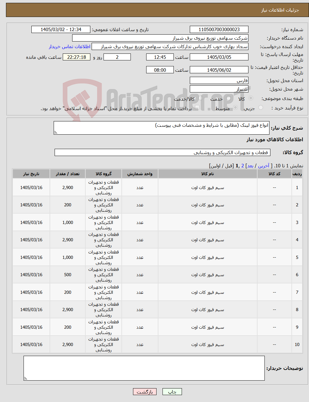 تصویر کوچک آگهی نیاز کالا-انواع فیوز لینک (مظابق با شرایط و مشخصات فنی پیوست)