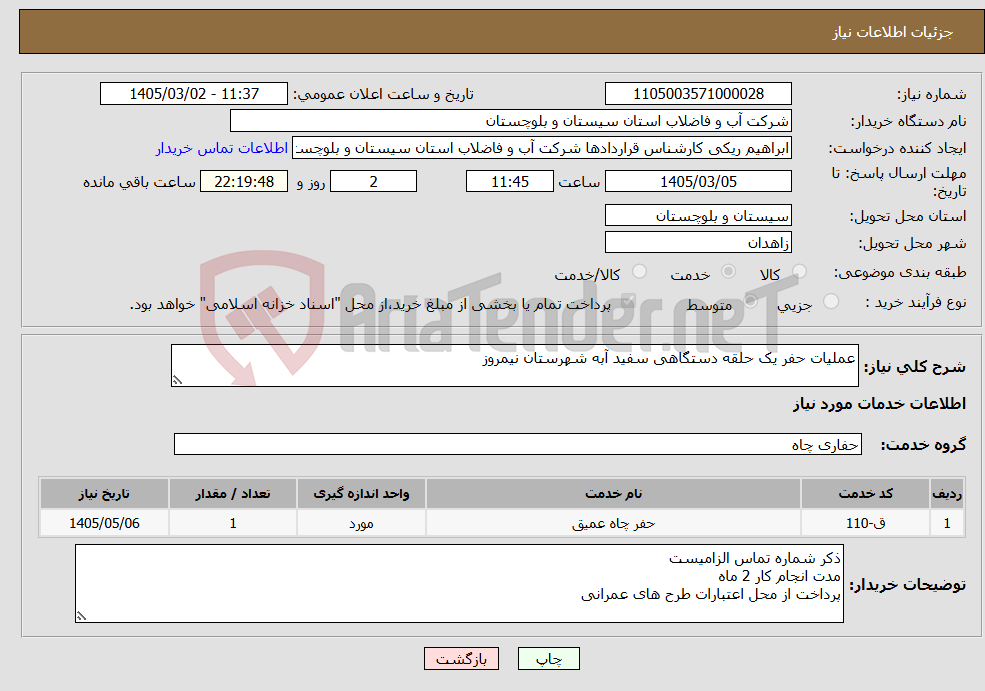 تصویر کوچک آگهی نیاز خدمات-عملیات حفر یک حلقه دستگاهی سفید آبه شهرستان نیمروز