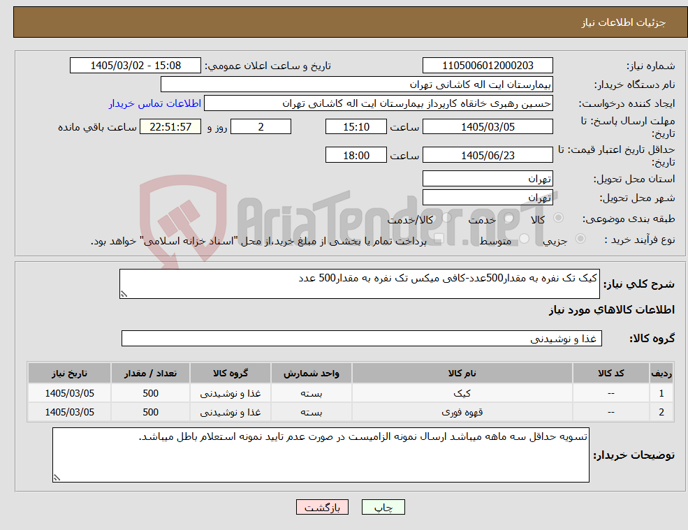 تصویر کوچک آگهی نیاز کالا-کیک تک نفره به مقدار500عدد-کافی میکس تک نفره به مقدار500 عدد