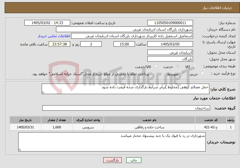 تصویر کوچک آگهی نیاز خدمات-حمل مصالح کوهی (مخلوط )برابر شرایط بارگذاری شده قیمت داده شود 