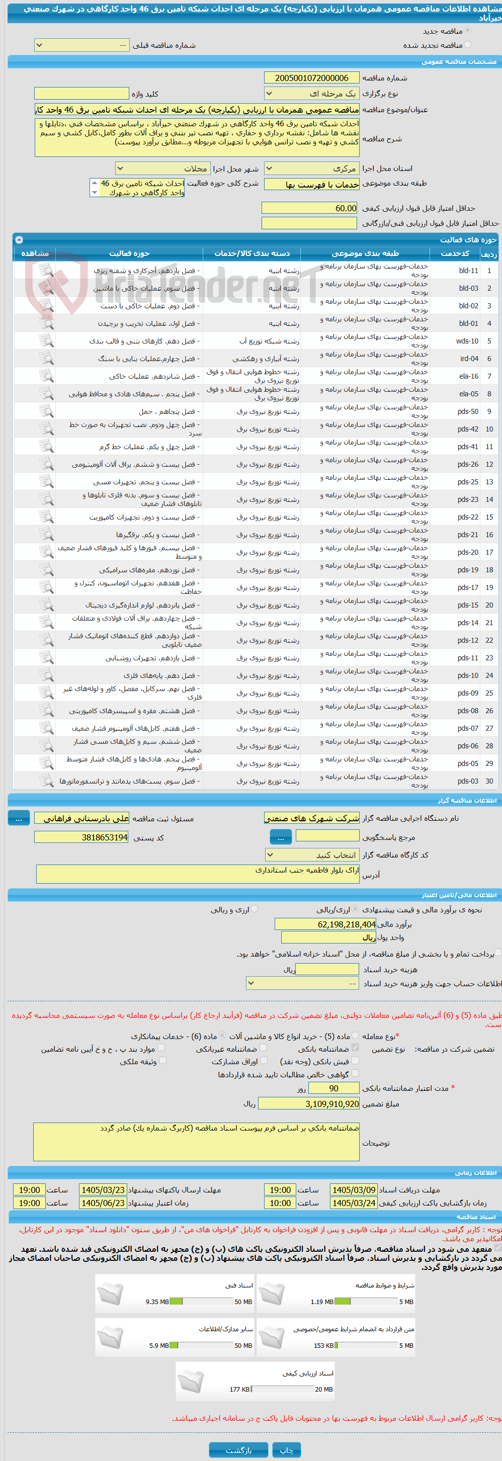 تصویر کوچک آگهی مناقصه عمومی همزمان با ارزیابی (یکپارچه) یک مرحله ای احداث شبکه تامین برق 46 واحد کارگاهی در شهرک صنعتی خیرآباد