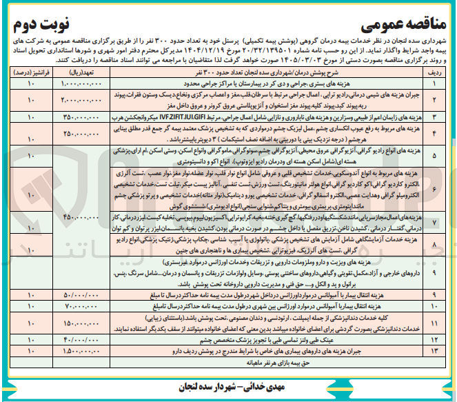 تصویر کوچک آگهی خدمات بیمه درمان گروهی (پوشش بیمه تکمیلی) پرسنل خود به تعداد حدود 300 نفر