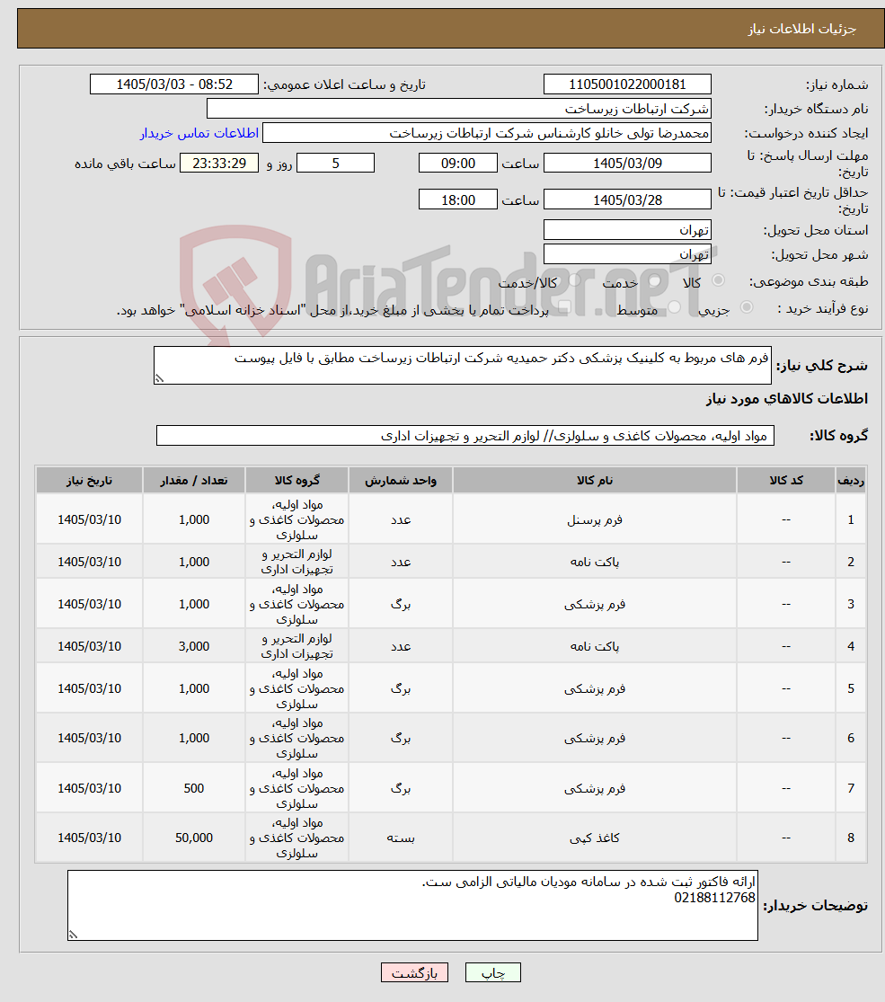 تصویر کوچک آگهی نیاز کالا-فرم های مربوط به کلینیک پزشکی دکتر حمیدیه شرکت ارتباطات زیرساخت مطابق با فایل پیوست
