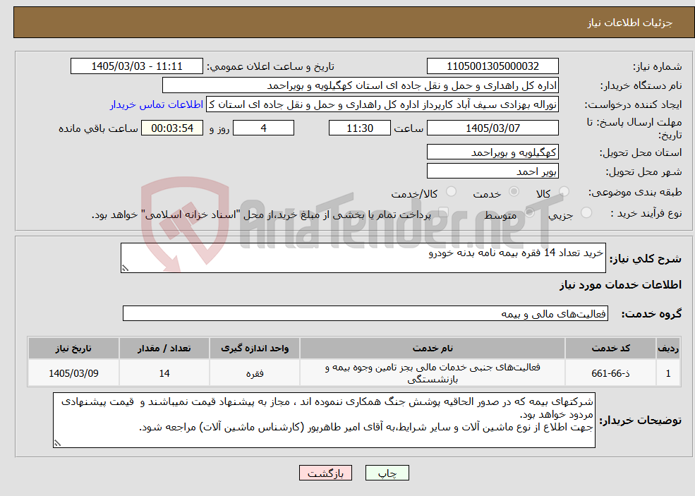 تصویر کوچک آگهی نیاز خدمات-خرید تعداد 14 فقره بیمه نامه بدنه خودرو