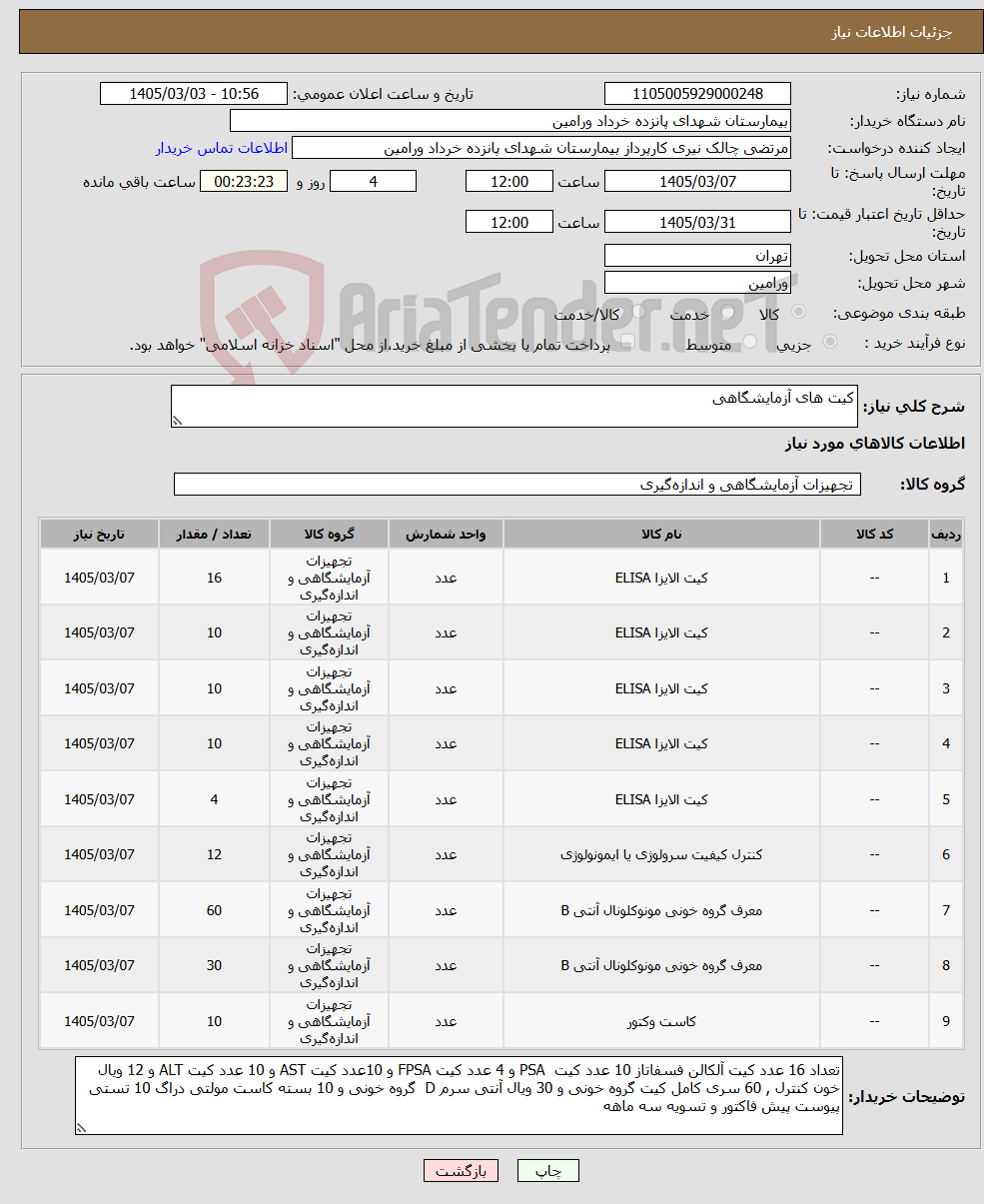 تصویر کوچک آگهی نیاز کالا-کیت های آزمایشگاهی