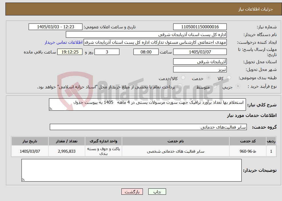 تصویر کوچک آگهی نیاز خدمات- استعلام بها تعداد برآورد ترافیک جهت سورت مرسولات پستی در 4 ماهه 1405 به پیوست جدول