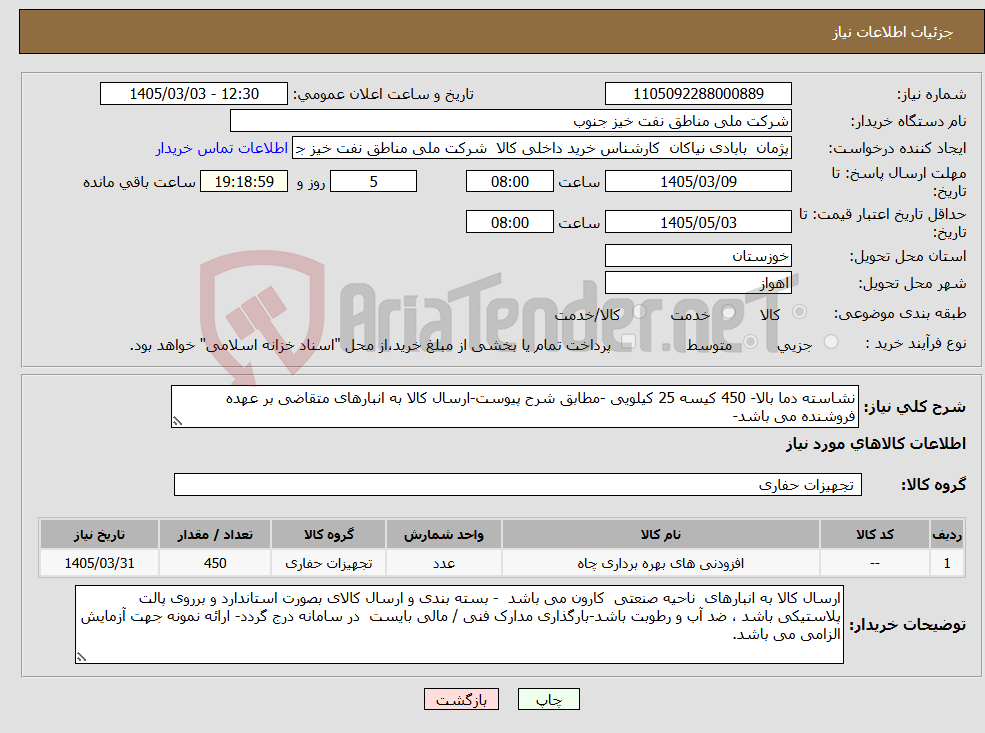تصویر کوچک آگهی نیاز کالا-نشاسته دما بالا- 450 کیسه 25 کیلویی -مطابق شرح پیوست-ارسال کالا به انبارهای متقاضی بر عهده فروشنده می باشد-