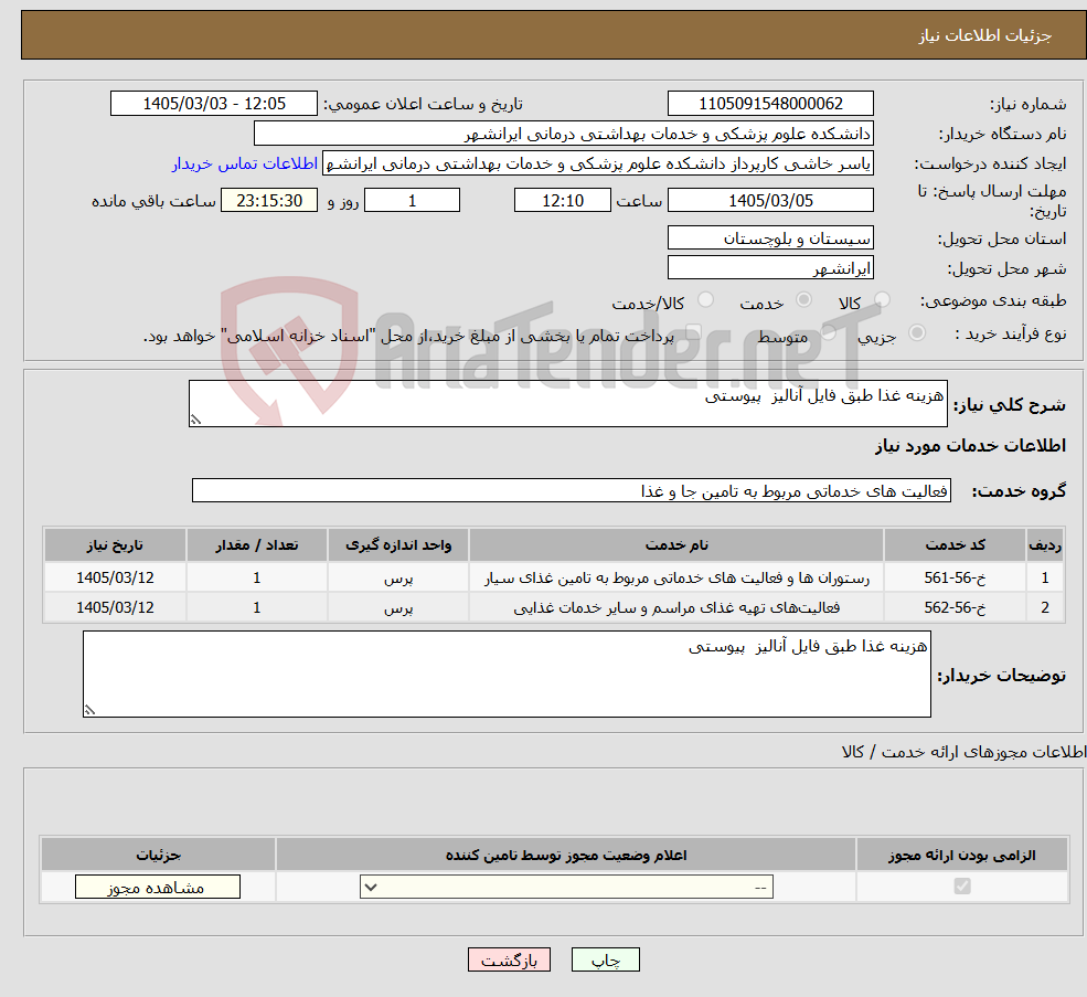 تصویر کوچک آگهی نیاز خدمات-هزینه غذا طبق فایل آنالیز پیوستی 
