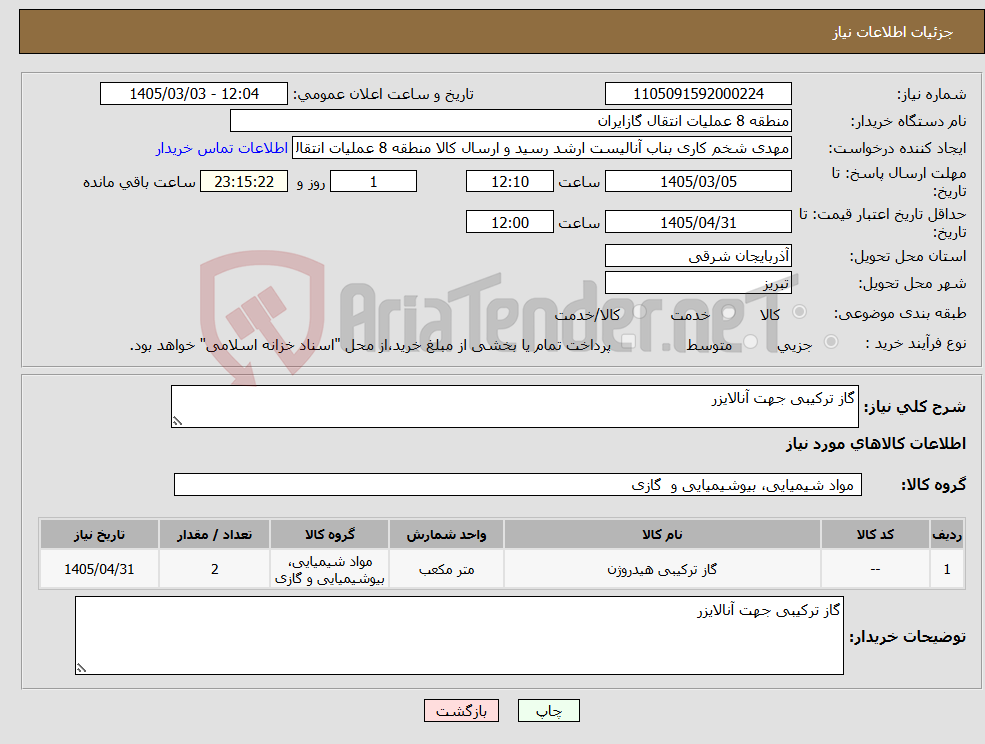 تصویر کوچک آگهی نیاز کالا-گاز ترکیبی جهت آنالایزر