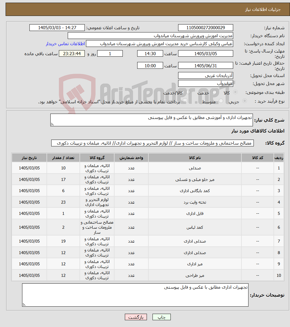 تصویر کوچک آگهی نیاز کالا-تجهیزات اداری و آموزشی مطابق با عکس و فایل پیوستی