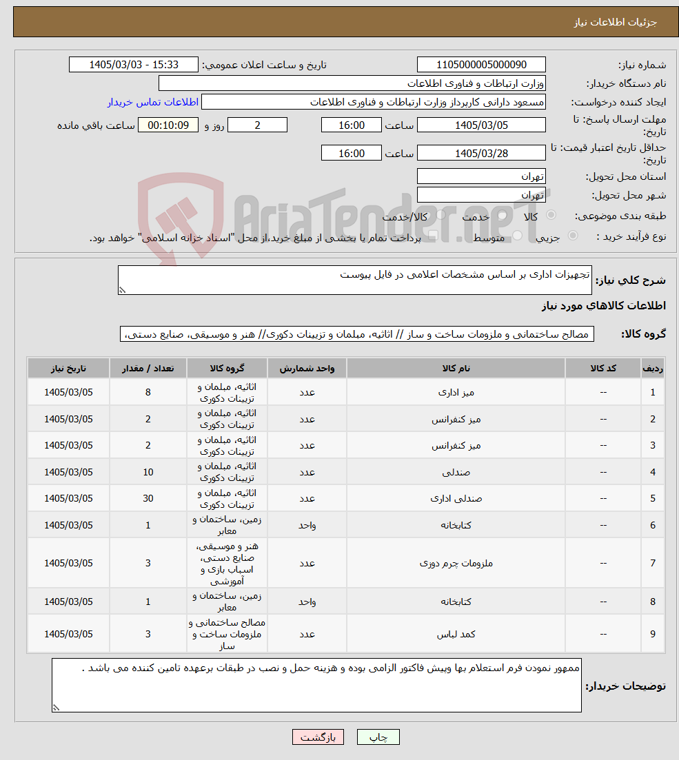 تصویر کوچک آگهی نیاز کالا-تجهیزات اداری بر اساس مشخصات اعلامی در فایل پیوست