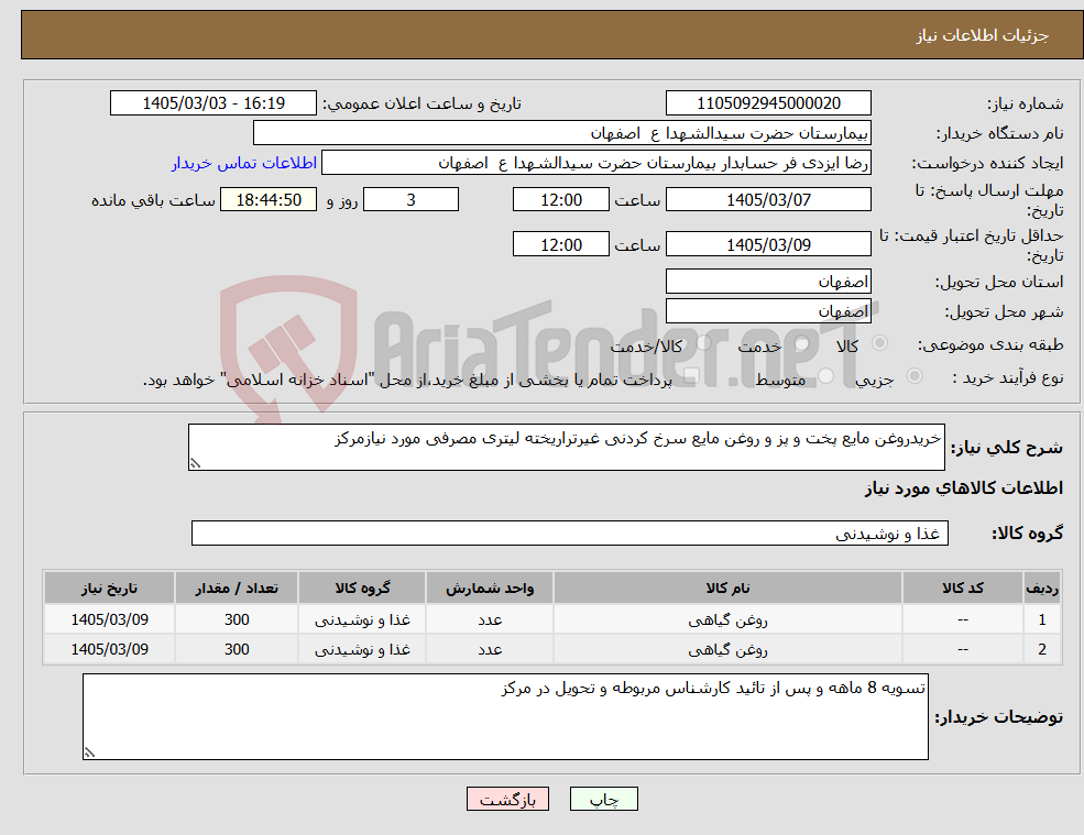 تصویر کوچک آگهی نیاز کالا-خریدروغن مایع پخت و پز و روغن مایع سرخ کردنی غیرتراریخته لیتری مصرفی مورد نیازمرکز