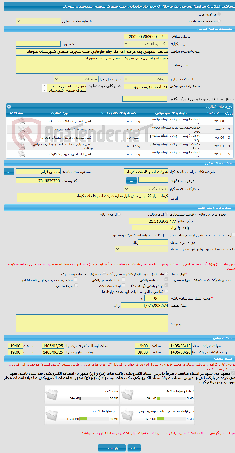 تصویر کوچک آگهی مناقصه عمومی یک مرحله ای حفر چاه جابجایی جنب شهرک صنعتی شهرستان منوجان