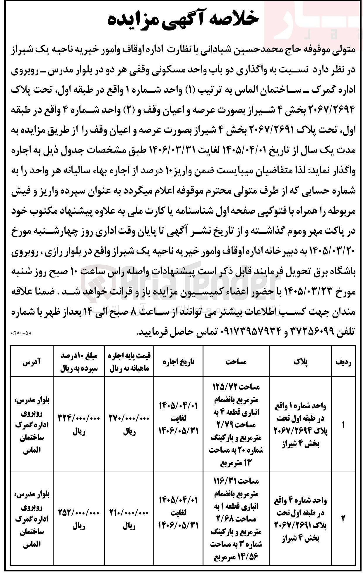تصویر کوچک آگهی واگذاری دو باب واحد مسکونی وقفی