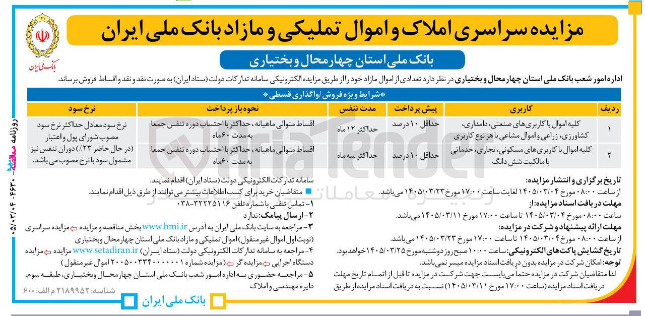 تصویر کوچک آگهی فروش تعدادی از اموال 