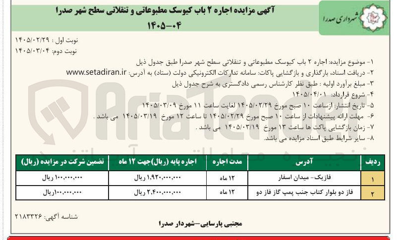 تصویر کوچک آگهی اجاره ۲ باب کیوسک مطبوعاتی و تنقلاتی 