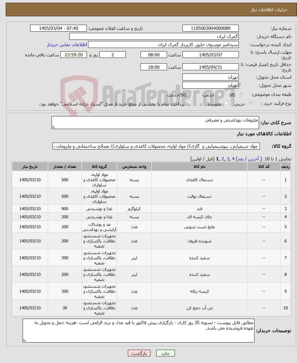 تصویر کوچک آگهی نیاز کالا-ملزومات بهداشتی و مصرفی