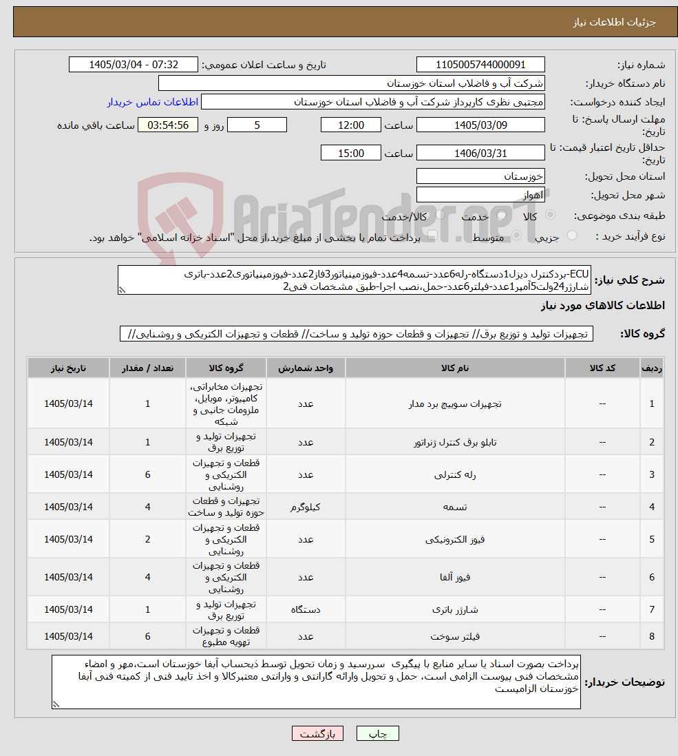 تصویر کوچک آگهی نیاز کالا-ECU-بردکنترل دیزل1دستگاه-رله6عدد-تسمه4عدد-فیوزمینیاتور3فاز2عدد-فیوزمینیاتوری2عدد-باتری شارژر24ولت5آمپر1عدد-فیلتر6عدد-حمل،نصب اجرا-طبق مشخصات فنی2