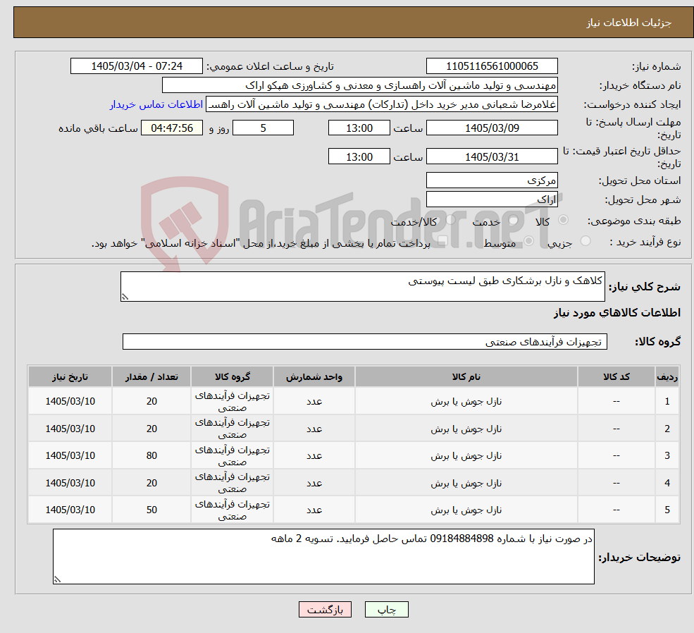 تصویر کوچک آگهی نیاز کالا-کلاهک و نازل برشکاری طبق لیست پیوستی 