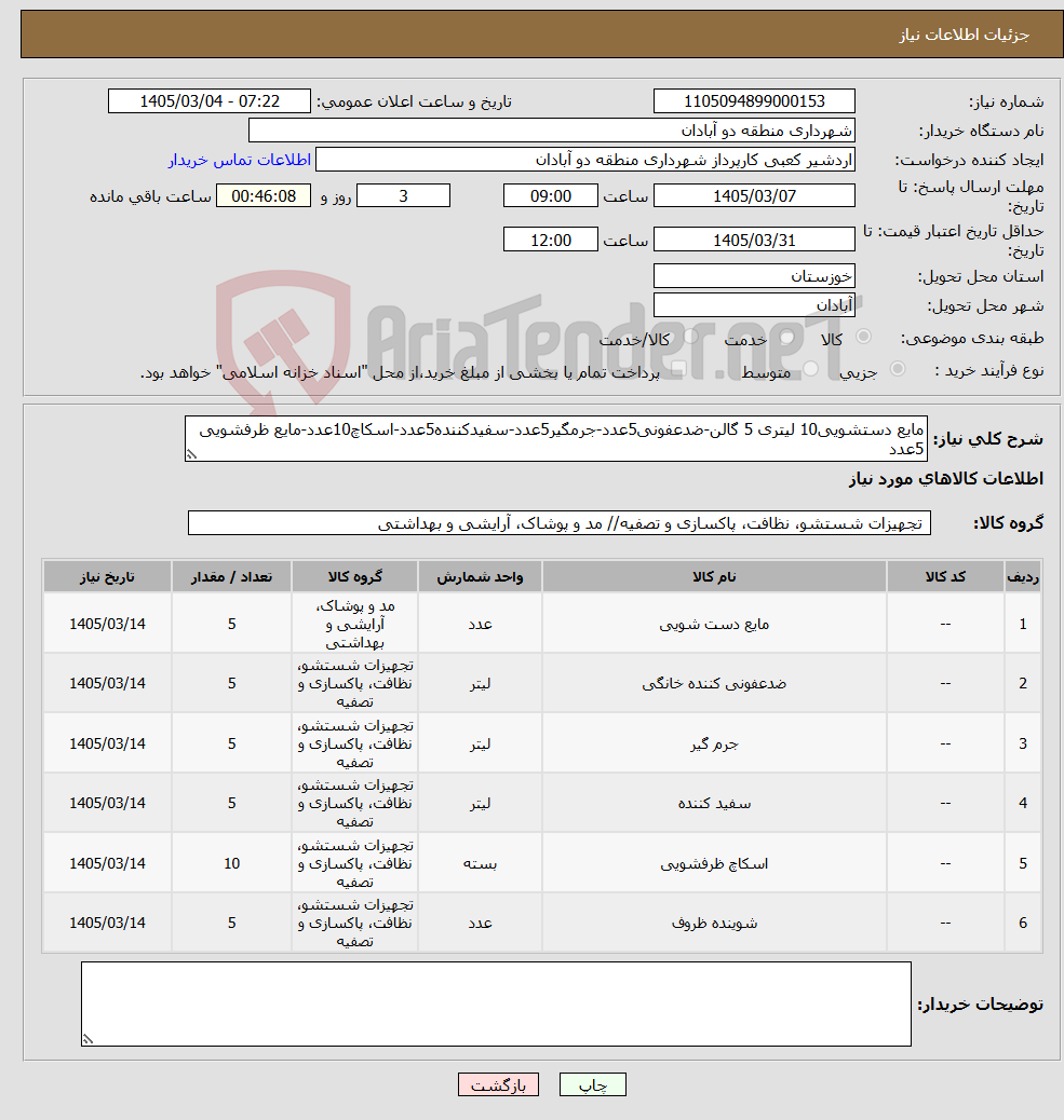 تصویر کوچک آگهی نیاز کالا-مایع دستشویی10 لیتری 5 گالن-ضدعفونی5عدد-جرمگیر5عدد-سفیدکننده5عدد-اسکاچ10عدد-مایع ظرفشویی 5عدد