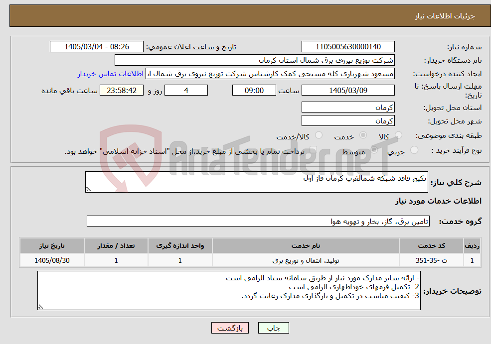 تصویر کوچک آگهی نیاز خدمات-پکیج فاقد شبکه شمالغرب کرمان فاز اول