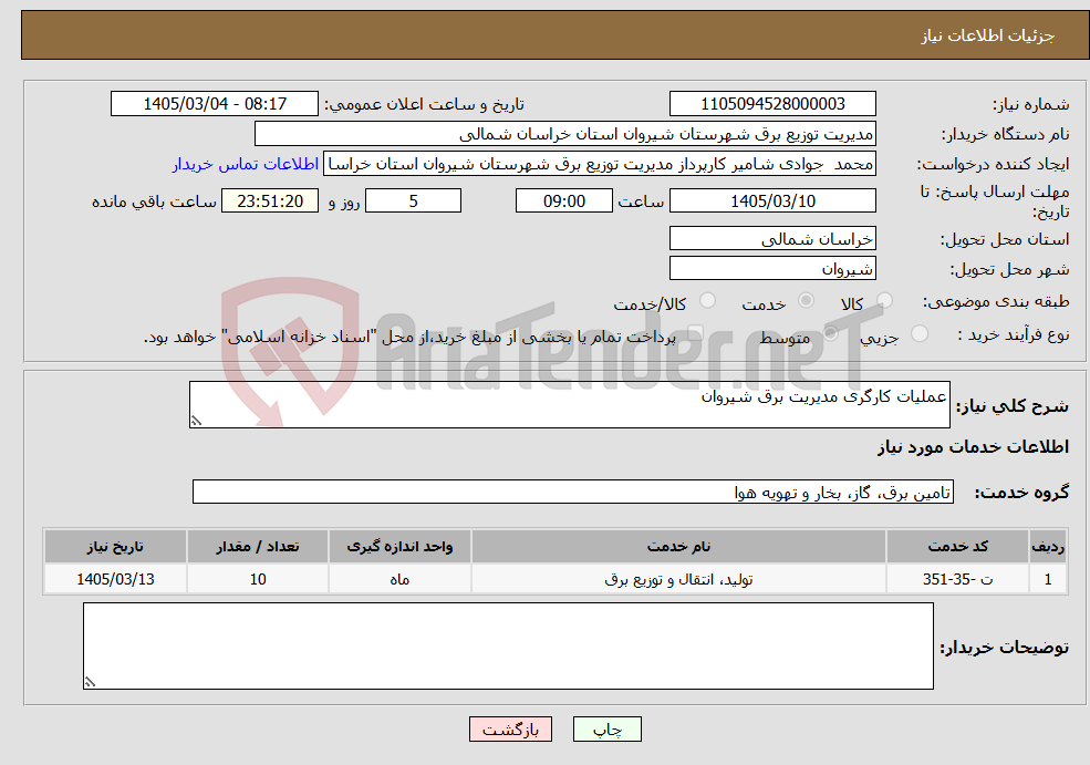 تصویر کوچک آگهی نیاز خدمات-عملیات کارگری مدیریت برق شیروان